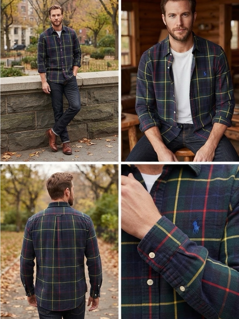 Polo by Ralph Lauren Navy Plaid Button-Down Shirt with Green & Red Windowpane